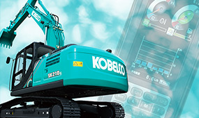 青い背景のKOBELCO（コベルコ）の油圧ショベルと、操作パネルの画面