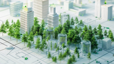 自然と都市が融合した未来のスマートシティを表現する3Dモデル。