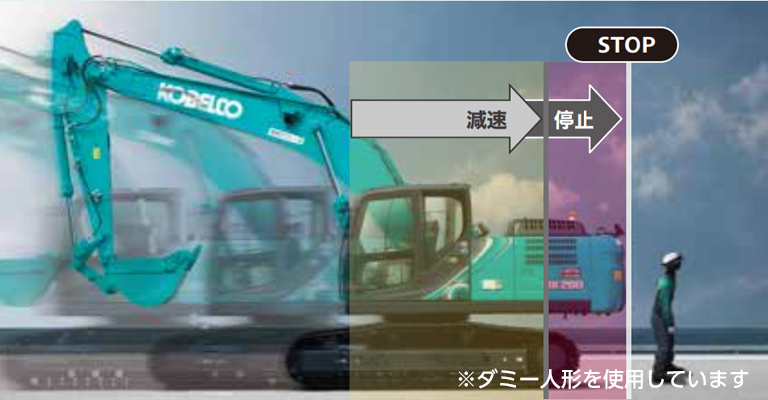 実機の走行イメージに、後方の人物検知に合わせて「減速」「停止」のプロセスを重ねた合成写真。