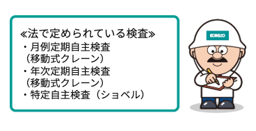 法で定められている検査である「定期自主検査」についての項目。月例定期自主検査(移動式クレーン)、年次定期自主検査(移動式クレーン)、特定自主検査(ショベル)を記載している。
